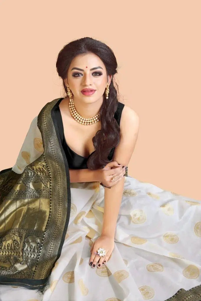 White Jacquard Work Soft Lichi Silk Saree - kalyanja
